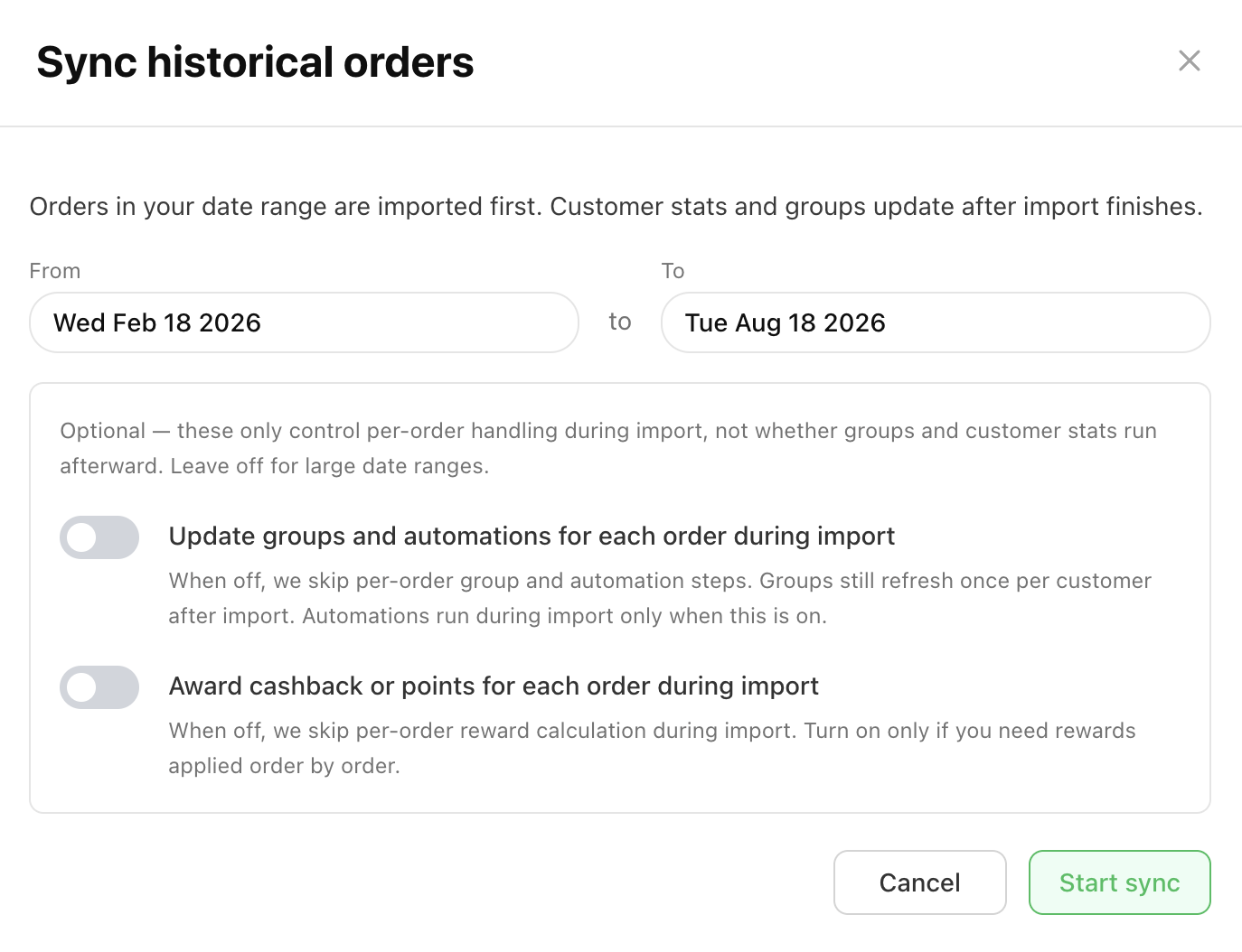 Shopify myne sync historical orders