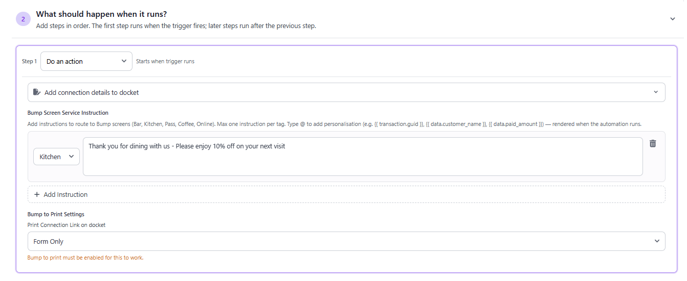 automations myne setup bump-it bump screen details docket